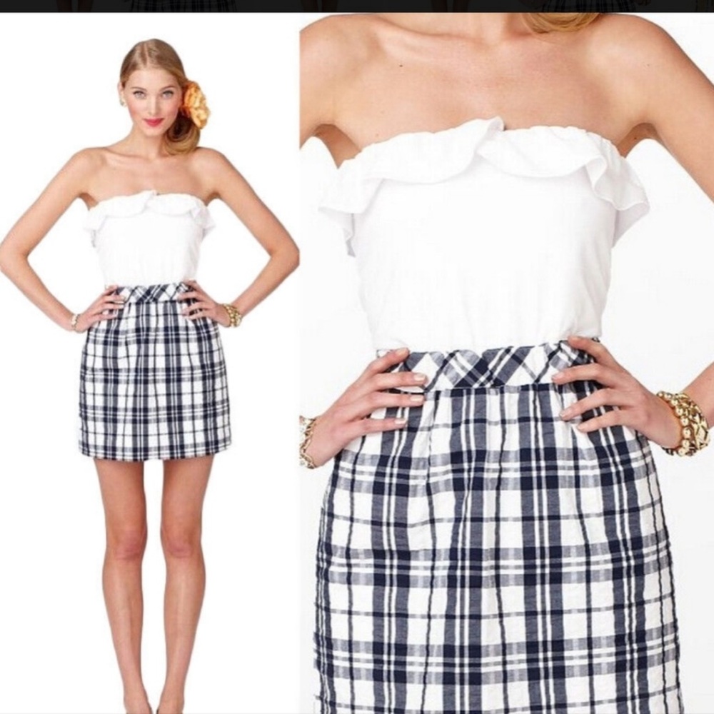 Lilly Pulitzer Esmeralda True Navy Sucker For Plaid‎ Strapless Dress XL